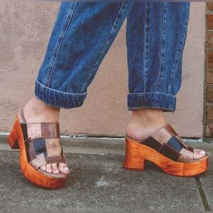 Bed Stu Brown Black Metallic Patchwork Leather Platform Mules